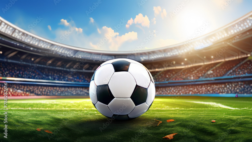 Obraz premium soccer match concept. ball on green grass close-up on the background of a soccer field.