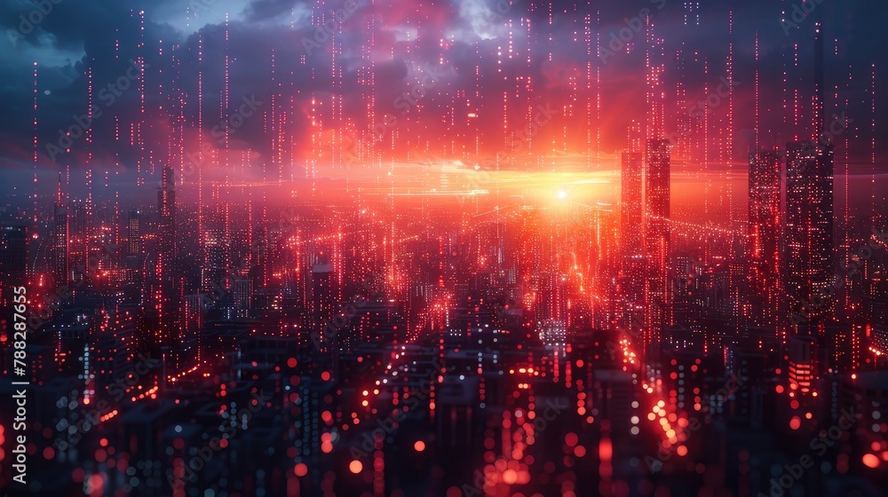 A futuristic cityscape with illuminated pathways symbolizing digital networksimage