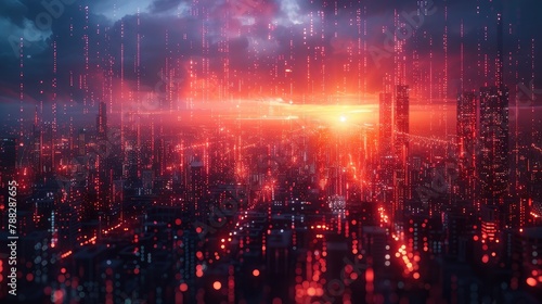 A futuristic cityscape with illuminated pathways symbolizing digital networksimage