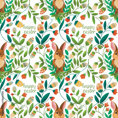 Hand drawn seamless pattern of cute Easter eggs, chicken, rabbit, bunny, chick in eggshell, flowers, butterfly, baskets, carrots, birds, hearts, leaves. Happy Easter spring floral sketch illustration photo