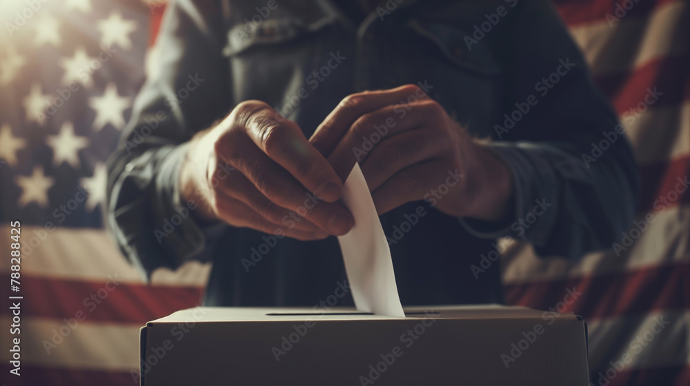 close-up view of a man inserting his vote into a polling box, with the United States flag gently blended in the background, serving as a reminder of the freedoms and democratic pri - obrazy, fototapety, plakaty 