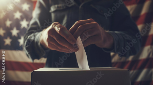 close-up view of a man inserting his vote into a polling box, with the United States flag gently blended in the background, serving as a reminder of the freedoms and democratic pri