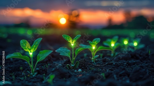 Glowing Neon Seedlings Emerging at Tranquil Sunset
