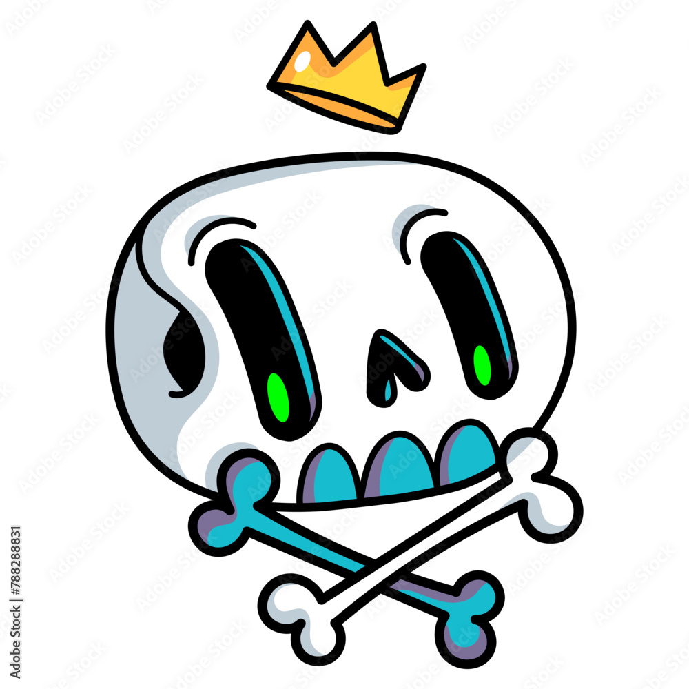 Cute cartoon skull with crown. Funny skull sticker for Halloween design. Vector illustration isolated on white background. Cute cartoon skull with crown. Funny skull sticker for Halloween design. Vector illustration isolated on white background.