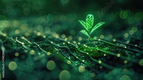 Vibrant Sapling Emitting Glowing Natural Energy in Serene Holographic Landscape