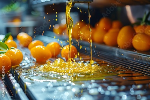 Vibrant close-up photo captures freshly squeezed orange juice splattering from a juicer onto a metallic surface photo