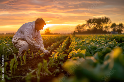 An agronomist conducts a thorough inspection of sugar beet plants in the field during sunset.