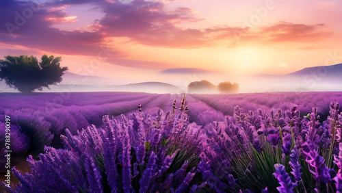A lavender field against the background of the sunset.