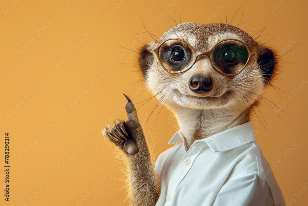 Smart meerkat student in white shirt and glasses pointing to side at blank copy-space, on yellow background Smart meerkat student in white shirt and glasses pointing to side at blank copy-space, on yellow background