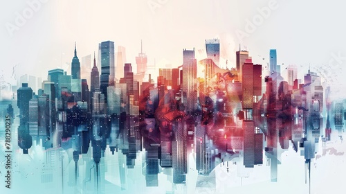 Abstract city building skyline metropolitan area in contemporary color style and futuristic effects. Real estate and property development.
