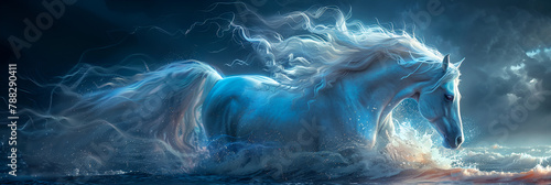 A Blue and White Horse with a Blue Mane on It,
White horse splashing water, studio shot on dark background