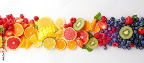 A colorful variety of fruits and slices arranged in a rainbow pattern, symbolizing healthy eating, with space for text on a white background.