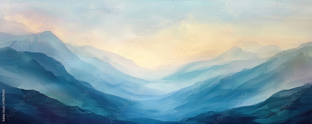 A painting of mountains with a blue sky in the background