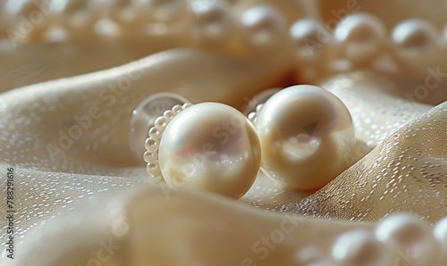 Pair of pearl drop earrings delicately arranged on a smooth satin material background photo