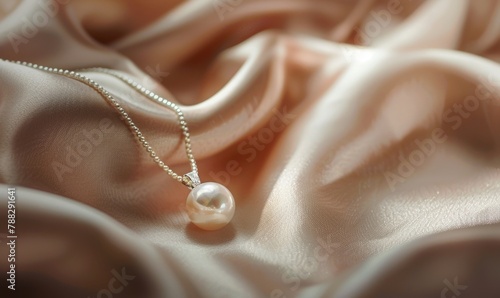 Pearl pendant necklace with a delicate chain arranged on a luxurious satin material background