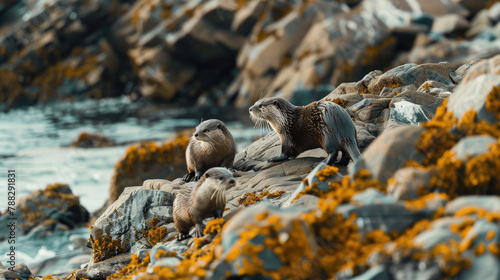 An otter family exploring a rocky shoreline, their nimble feet navigating the uneven terrain with ease 