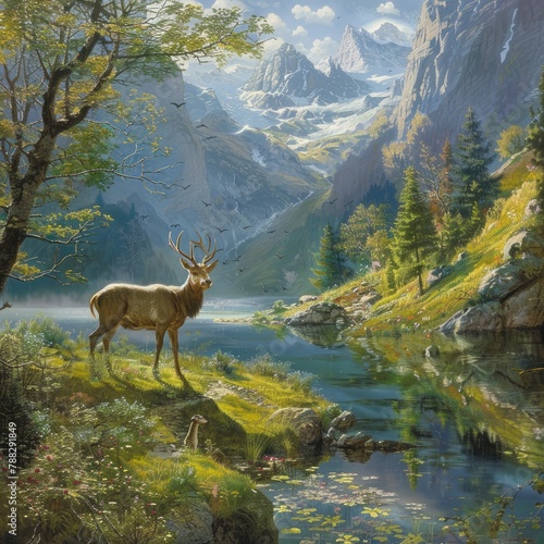 A deer stands in a lush green field near a river