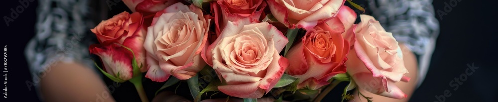 woman hands gently holding a lavish bouquet of roses woman hands gently holding a lavish bouquet of roses