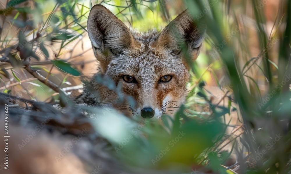 Wildlife picture, gray fox looking through leaves Wildlife picture, gray fox looking through leaves