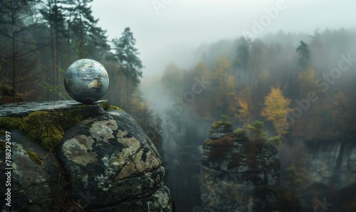 Earth globe balanced on a rock ledge overlooking a misty forest gorge