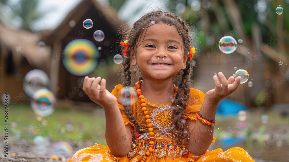 A young girl blowing bubbles and giggling with joy as she celebrates Children's Day outdoorsphoto illustration