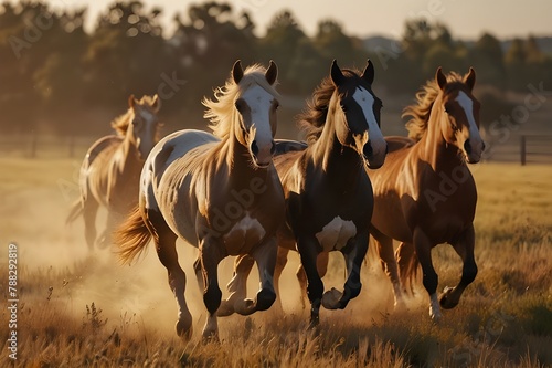 A field is being raced by numerous horses, and one of the horses seems to be biting or nipping the face of another. The heads of the white and brown horses are near to one another. photo