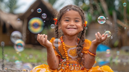 A young girl blowing bubbles and giggling with joy as she celebrates Children's Day outdoorsphoto illustration