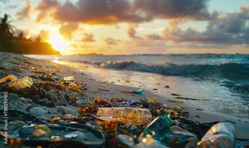 Beach littered with plastic bottles and garbage, ecological problems