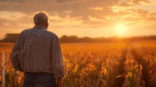 A man in a cowboy hat stands in a field of corn. The sun is setting in the background, casting a warm glow over the scene photo