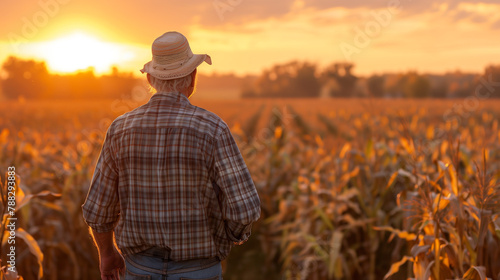 A man in a cowboy hat stands in a field of corn. The sun is setting in the background, casting a warm glow over the scene