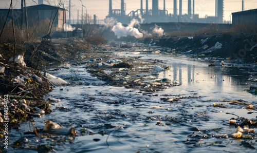 Polluted river flowing through an industrialized area photo