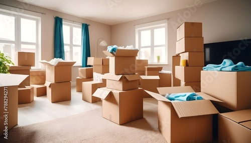 Move. Cardboard boxes and cleaning things for moving into a new home