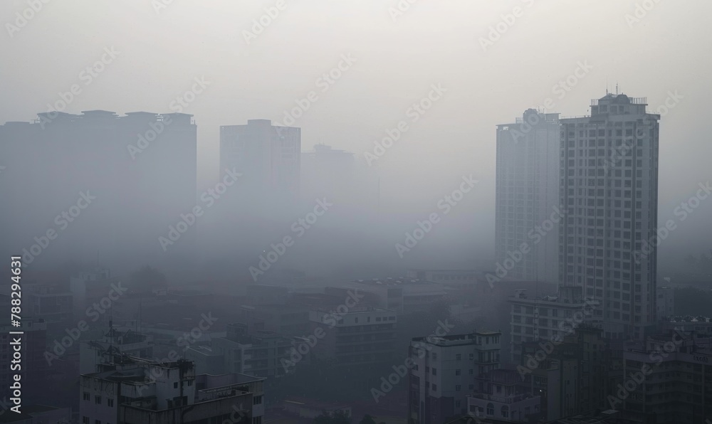 Urban landscape shrouded in smog with tall buildings barely visible
