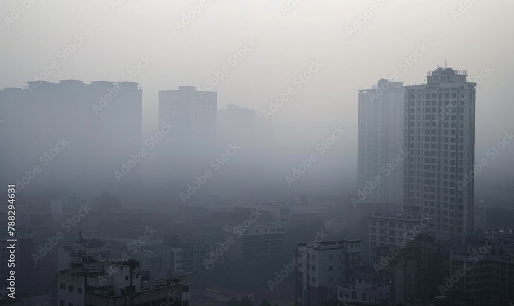 Urban landscape shrouded in smog with tall buildings barely visible Urban landscape shrouded in smog with tall buildings barely visible