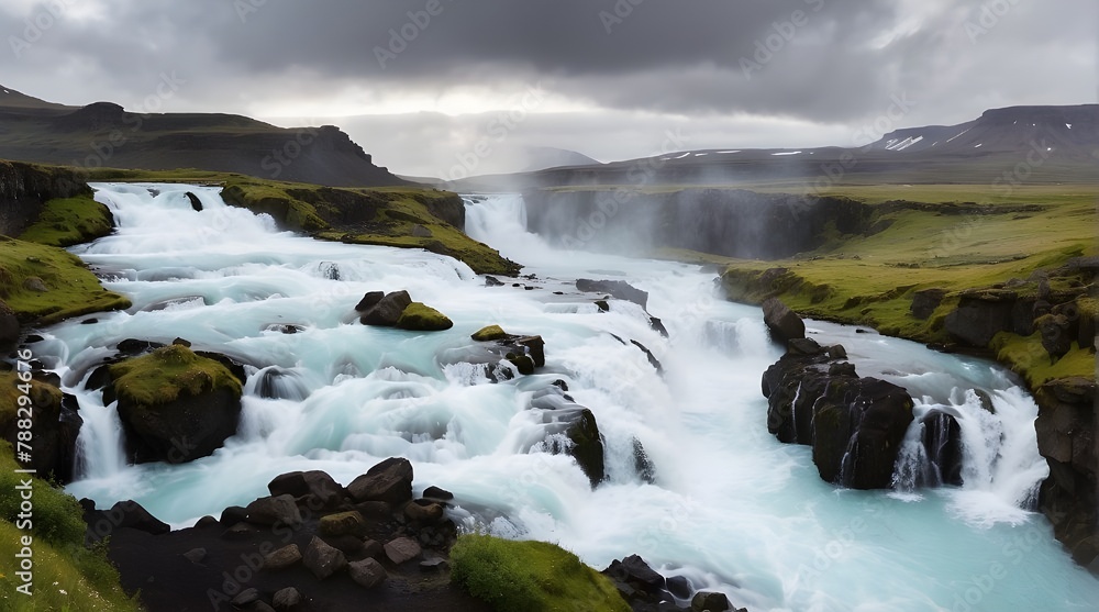 The stunning Bruarfoss waterfall in Iceland during a gloomy summer's day