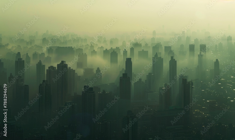 Urban landscape shrouded in smog with tall buildings barely visible