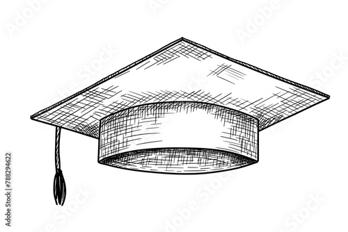 Graduate hat sketch. Hand drawn university cap in etching style. Academic hat monochrome illustration