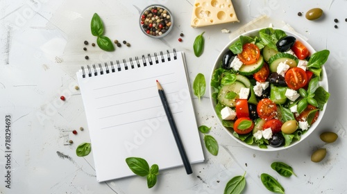 Salad bowl, notepad, and pen on table