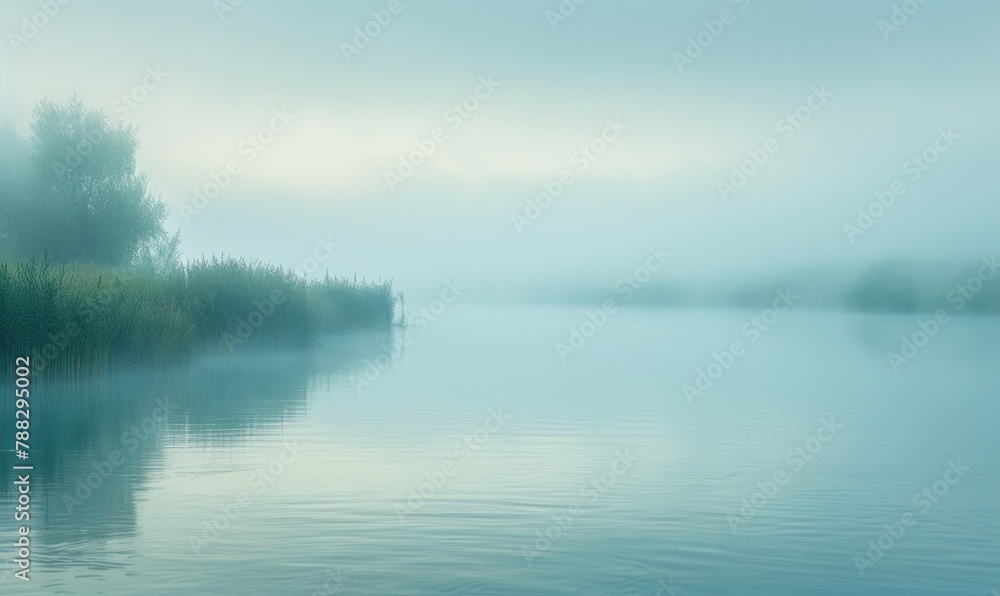 Fototapeta premium A calm riverside scene with fog rolling over the water in the early morning