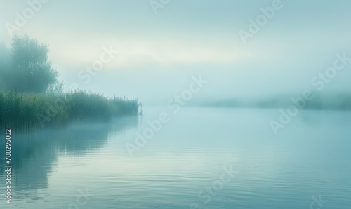 A calm riverside scene with fog rolling over the water in the early morning