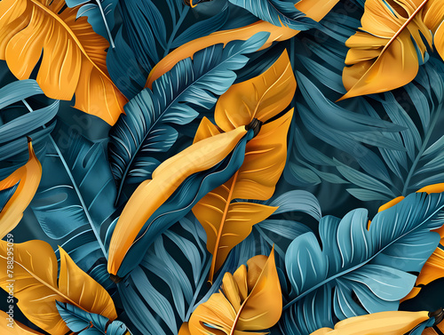 Vibrant Yellow and Blue Leaves Dance Across Black Canvas