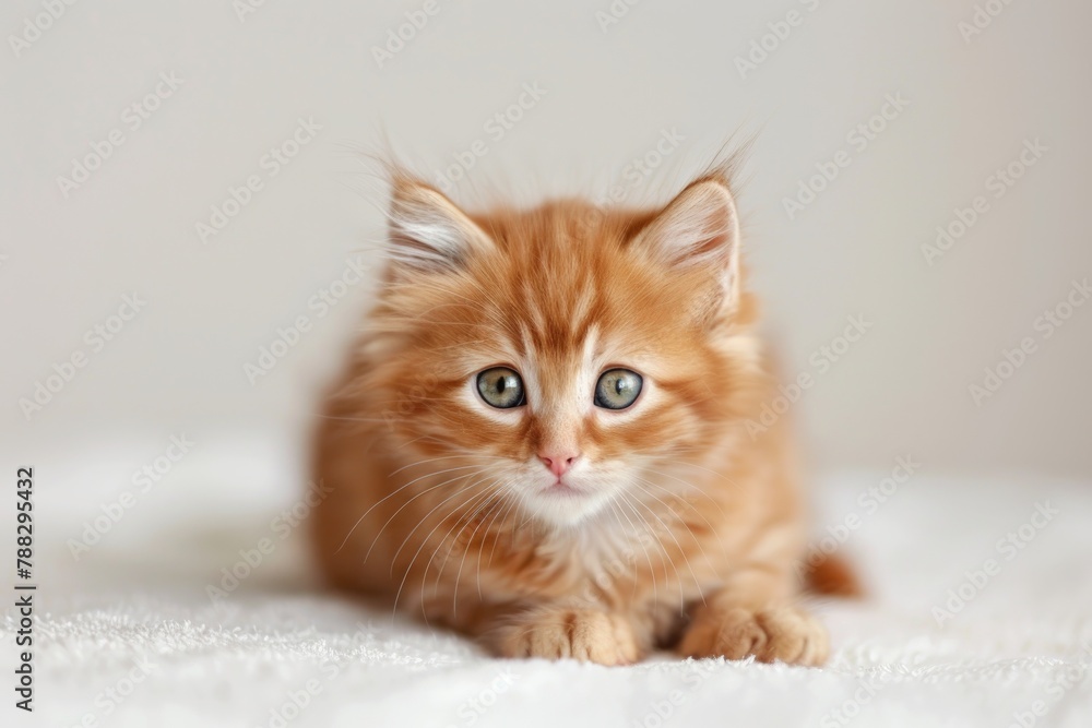 A soft and fluffy ginger kitten with deep, soulful eyes lies comfortably A soft and fluffy ginger kitten with deep, soulful eyes lies comfortably