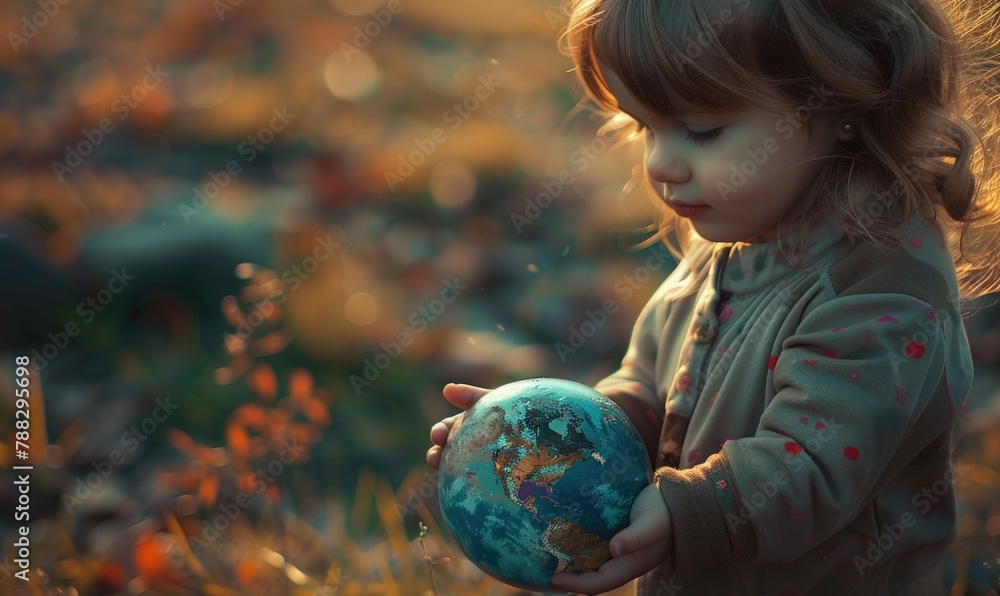 Naklejka premium A child's hands holding an Earth globe