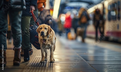 A guide dog assisting its owner in navigating through a crowded train station photo