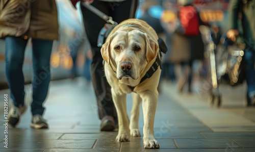 A guide dog assisting its owner in navigating through a crowded train station