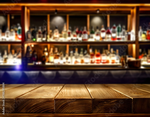 Wood table on blur of liquor cafe bar  coffee shop  bar  background 