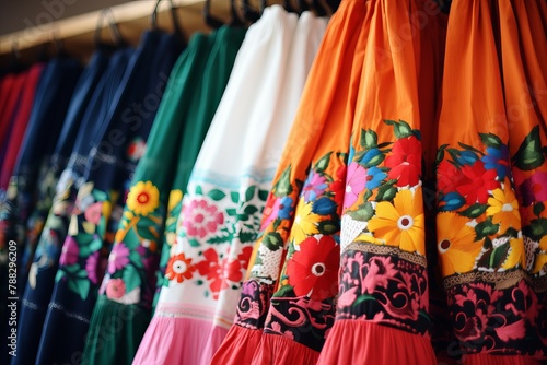 Traditional Mexican colorful skirt closeup. Latin culture. Generate Ai