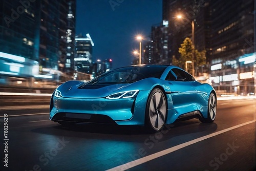 Futuristic electric car running on the city street at night with motion blur and copy space. Futuristic EV Car and Alternative Energy Concept.