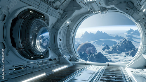 Fototapeta Naklejka Na Ścianę i Meble -  A space station with a view of the Earth and the moon