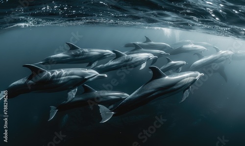 A pod of dolphins riding alongside a migrating blue whale photo